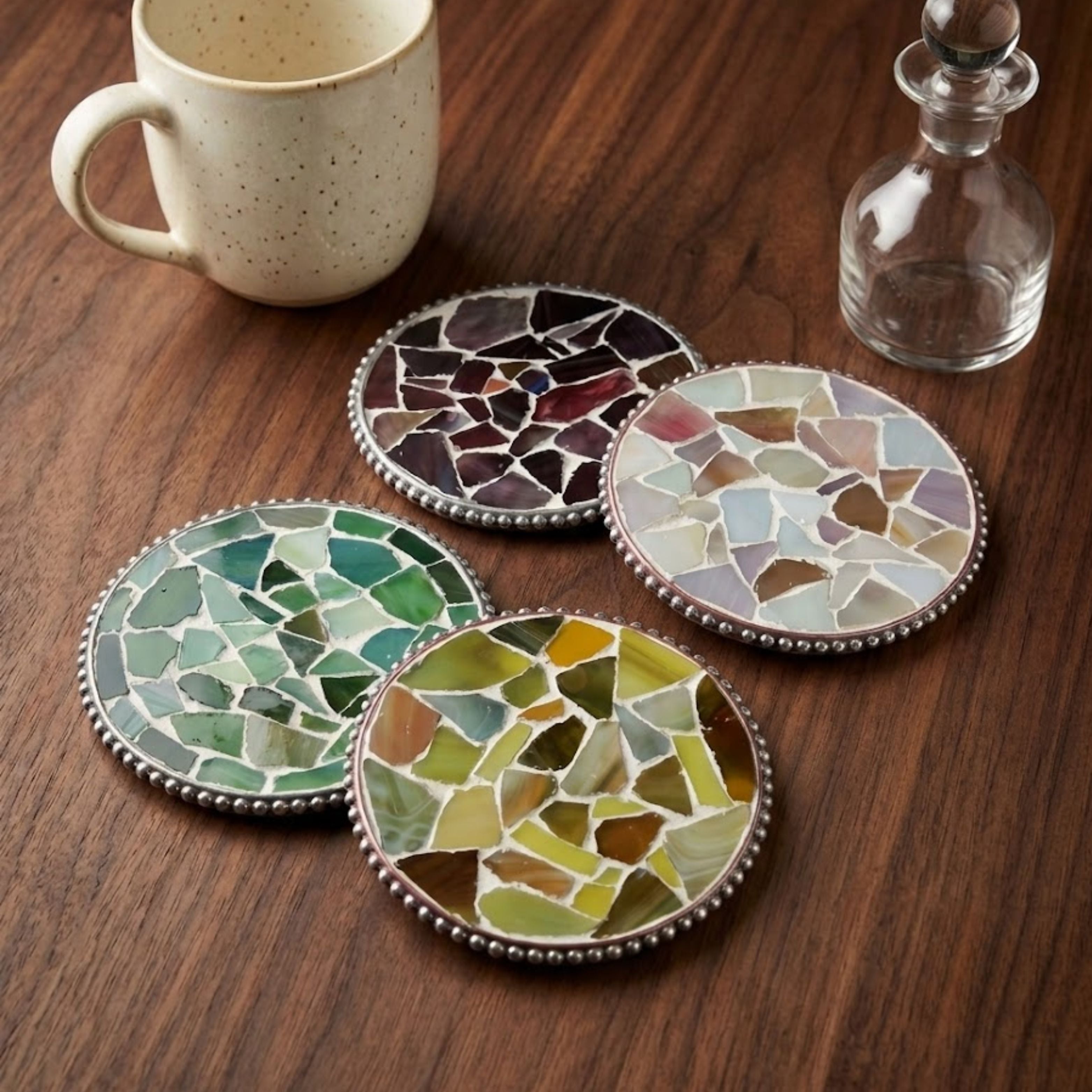 Artisan Round Stained Glass Mosaic Coasters -  4 pcs