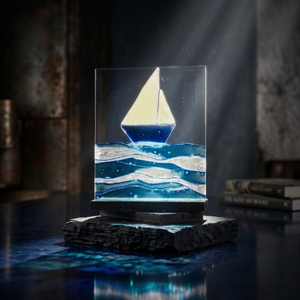 Azure Voyage – Minimalist Blue Sailboat Nautical Glass Decor