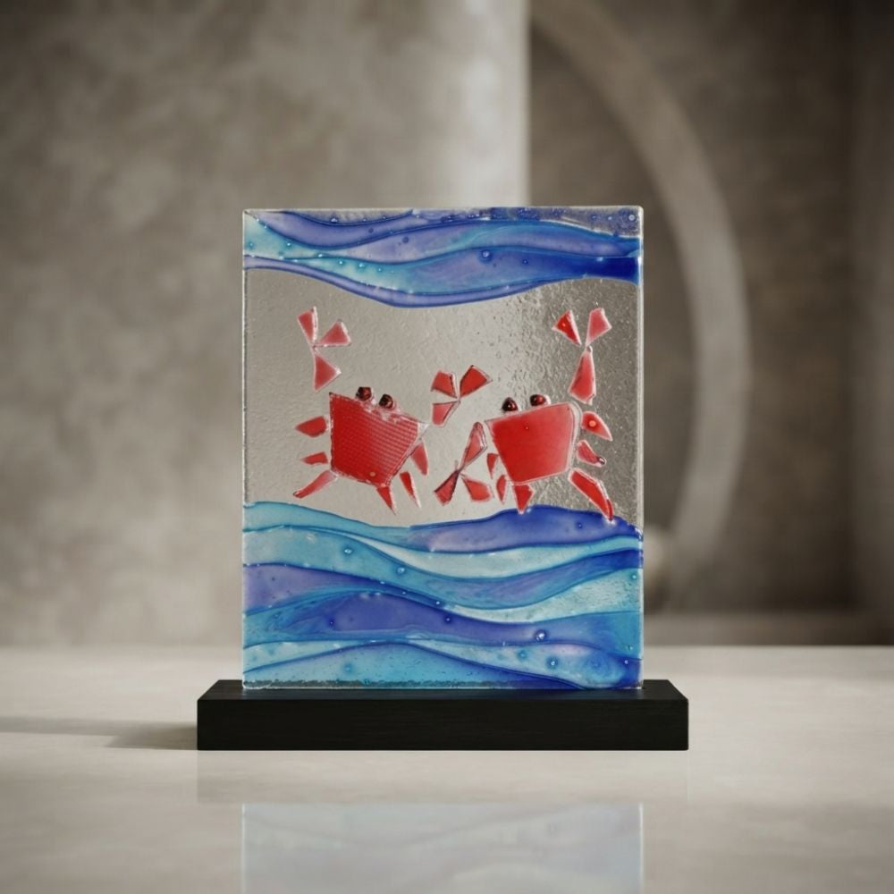 Crimson Tide Cruisers – Playful Ocean Crabs Fused Glass Artwork