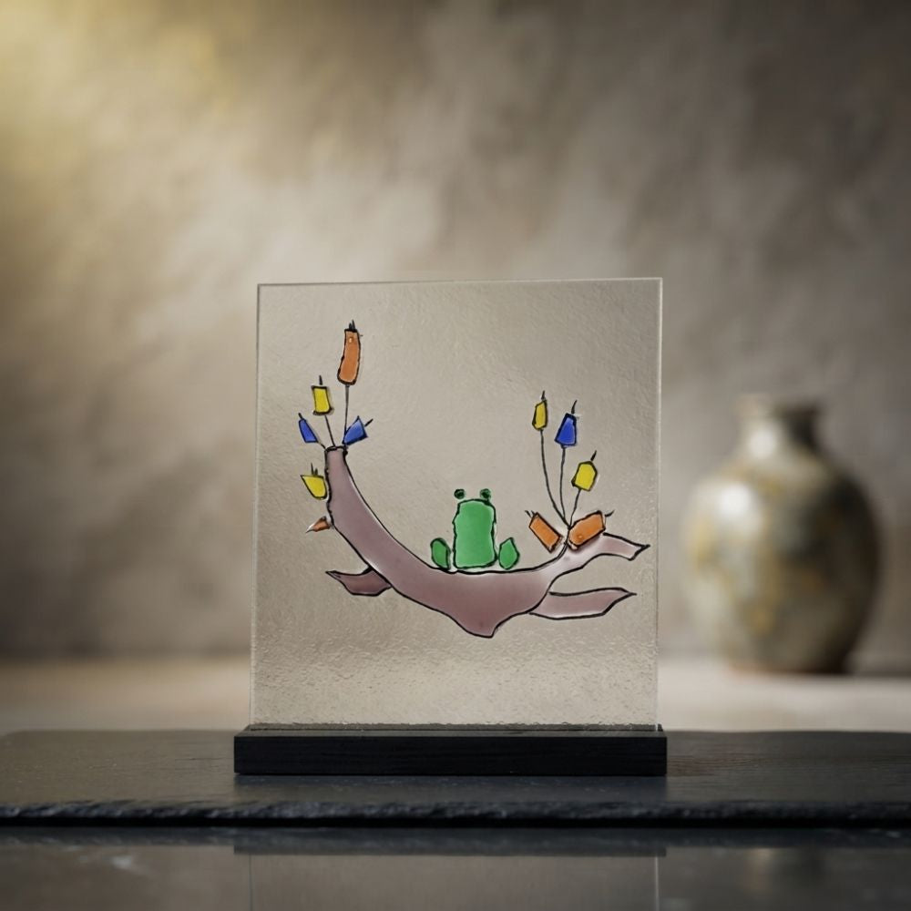 Pondside Rest – Cute Green Frog and Cattails Glass Sculpture