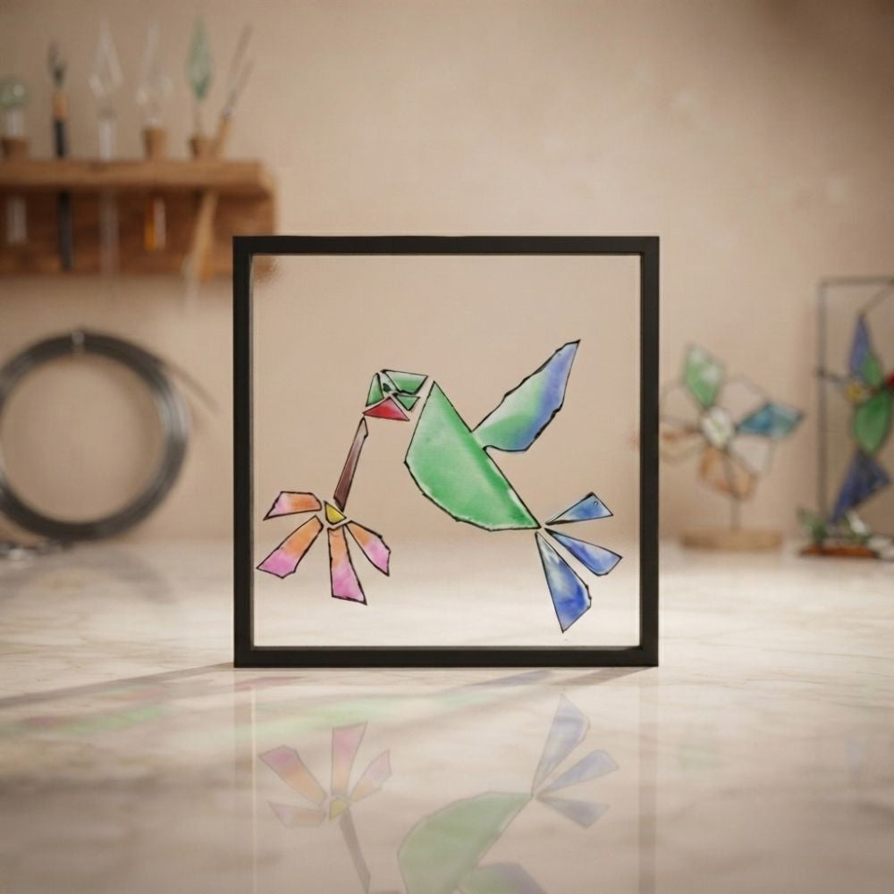 Prism Flight – Geometric Hummingbird and Flower Framed Glass Art