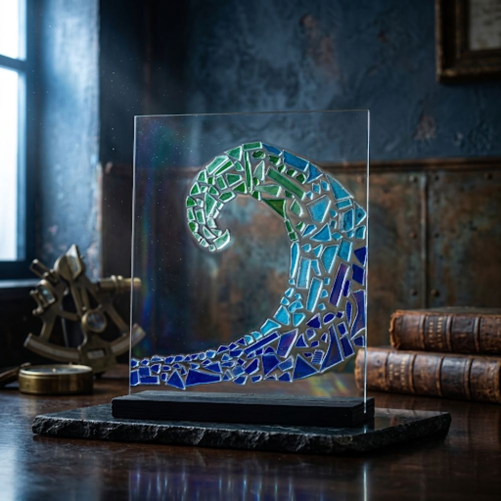 The Azure Crest – Handmade Glass Mosaic Wave Art Piece