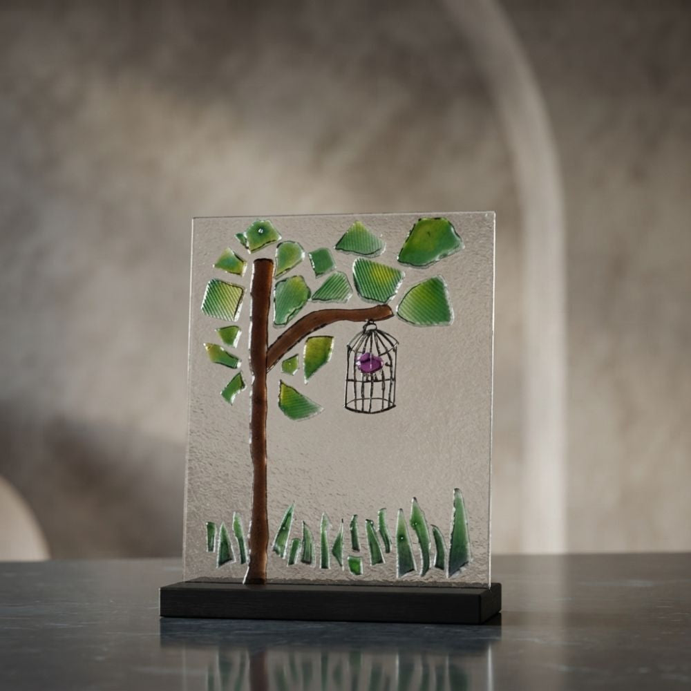 The Golden Solitude – Botanical Glass Art Silhouette with Wooden Base