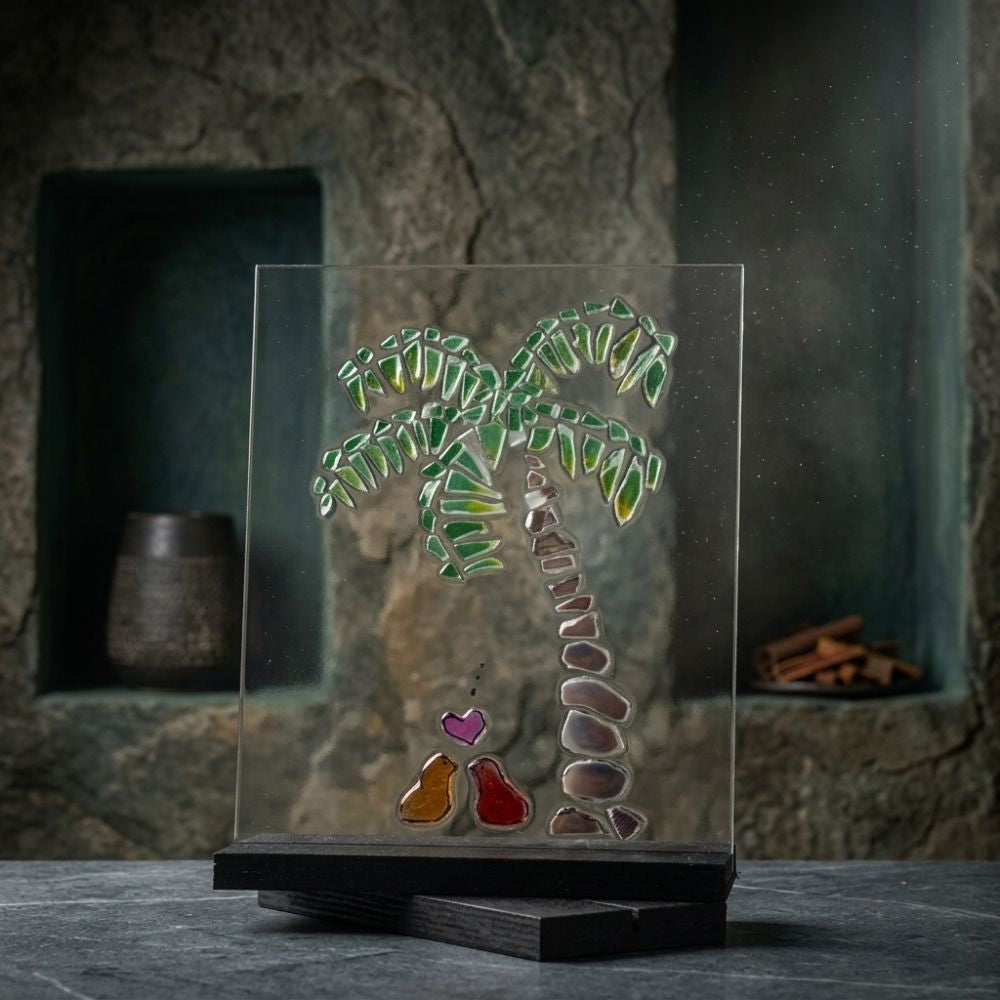 Tropic Romance – Palm Tree and Lovebirds Sunset Glass Plaque