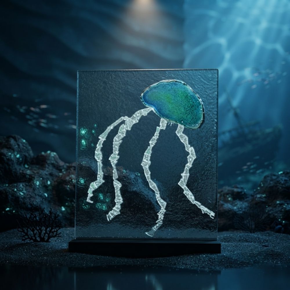 Turquoise Drifter – Ethereal Blue Jellyfish Glass Tabletop Decor
