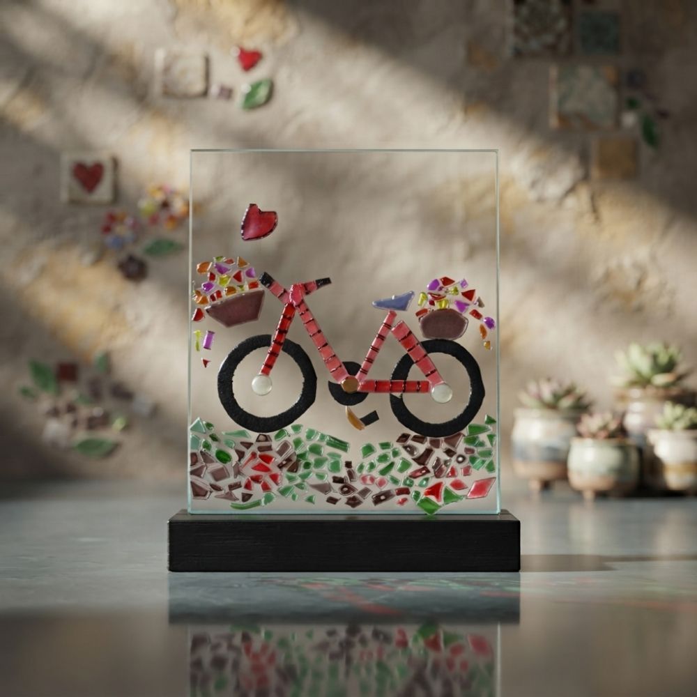 Vintage Journey – Red Cruiser Bicycle with Floral Baskets Glass Art