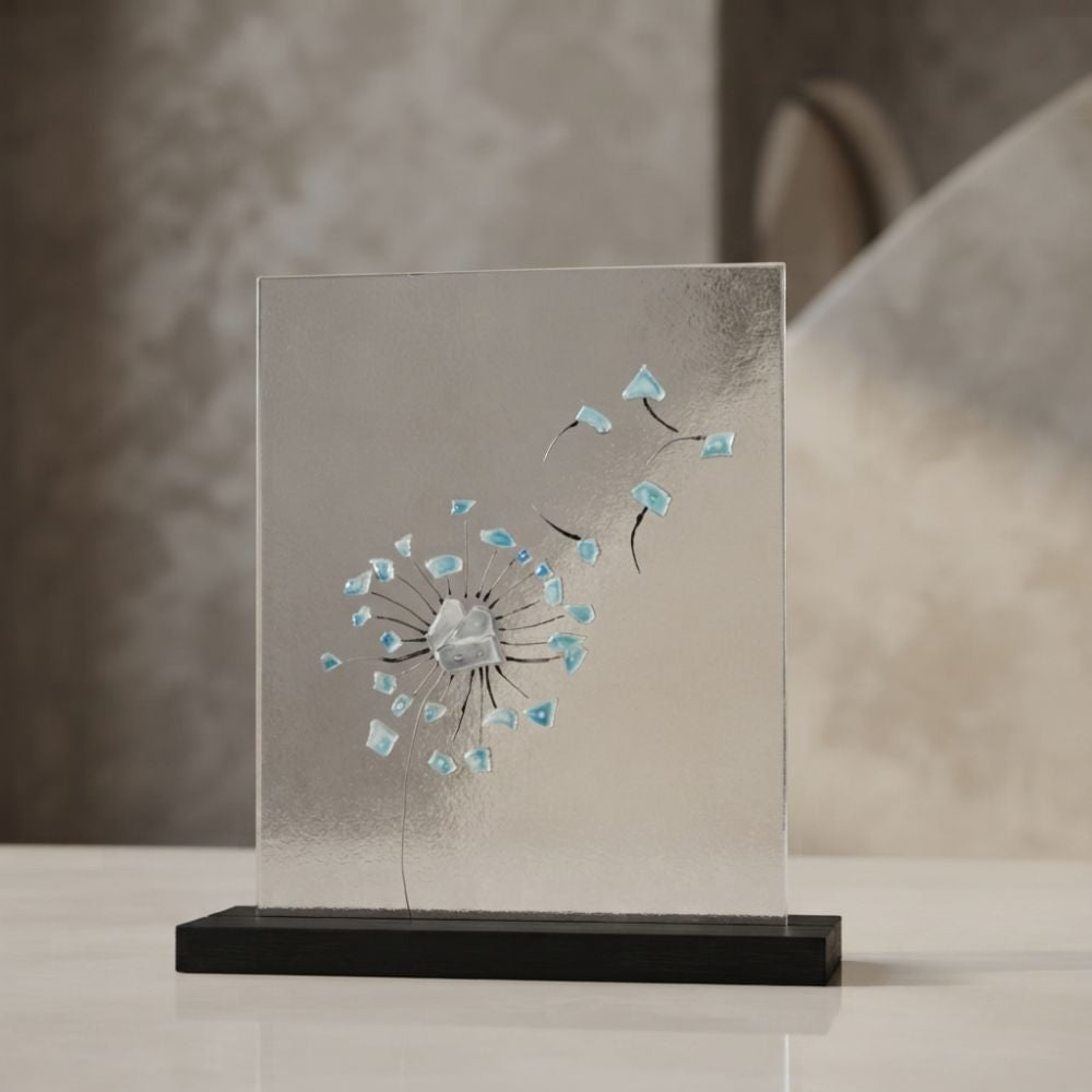 Whispering Wishes – Minimalist Dandelion Seed Glass Art Plaque